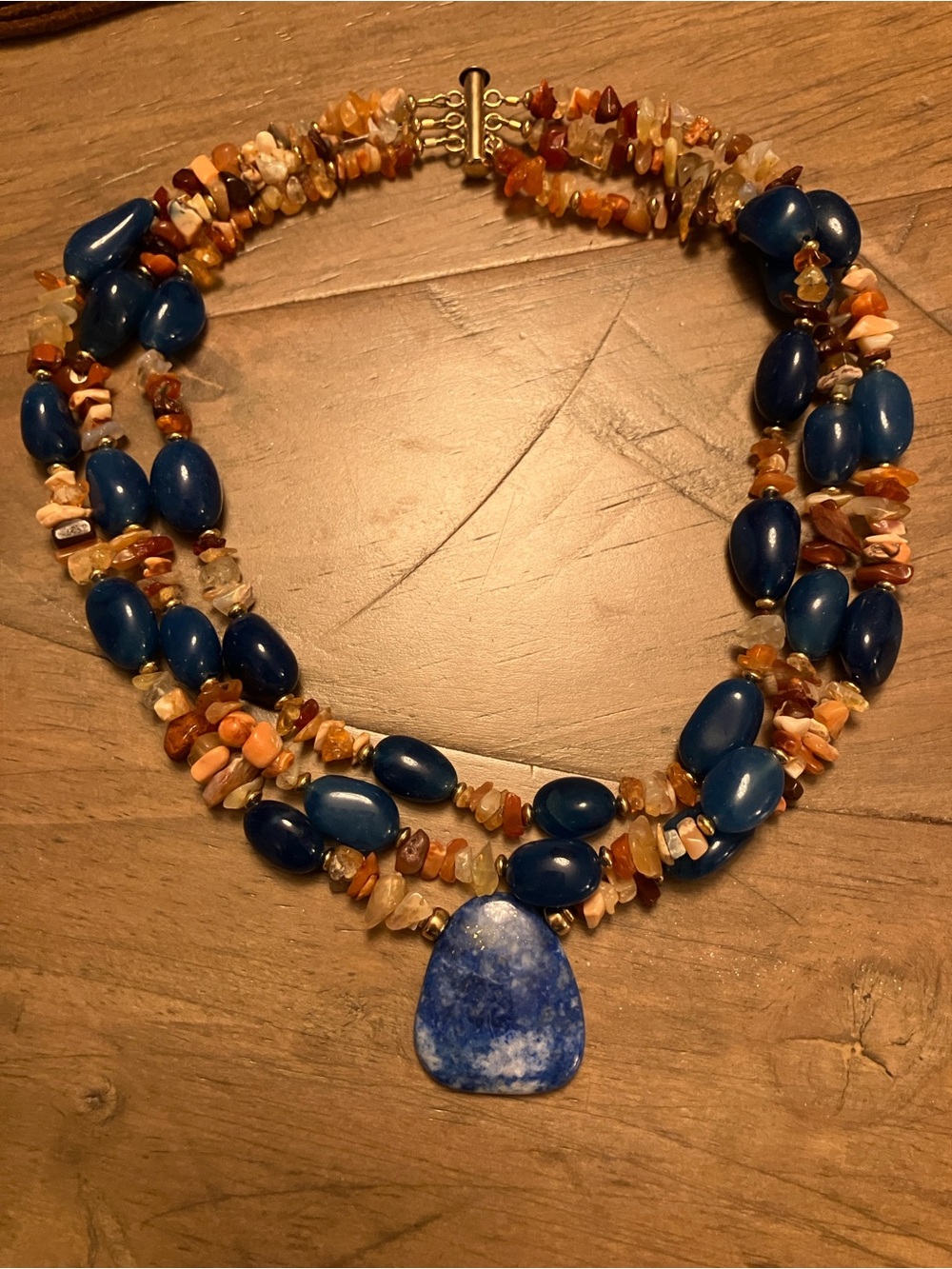 Amber and Lapis Triple Strand Gemstone Beaded Necklace